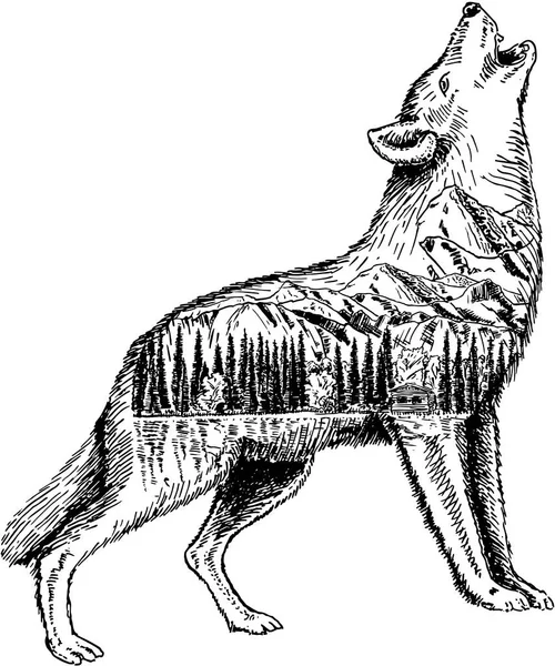 Lobo estilizado com tinta vetorial de paisagem natural ilustração desenhada à mão —  Vetores de Stock