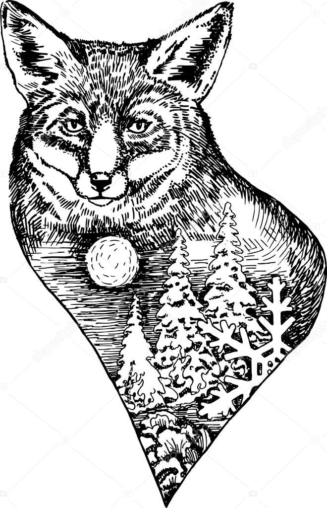Stylized fox head with nature landscape vector ink hand drawn illustration