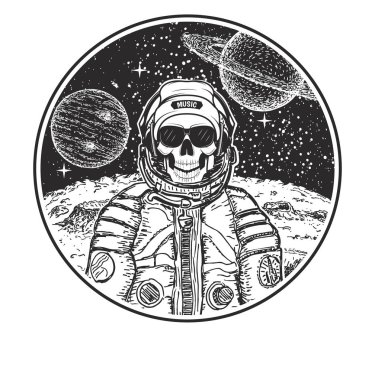 Astronot müzik kafatası vektör modern t-shirt tasarım şablonu