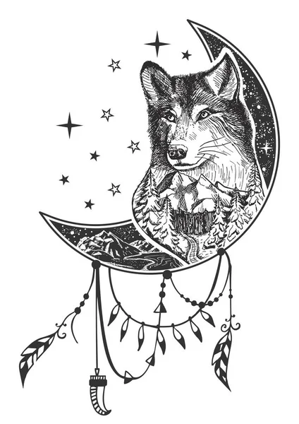 Tatuaggio vettoriale boho wolf o design di stampa t-shirt — Vettoriale Stock