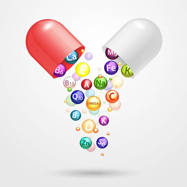 Vitamina compleja cápsula farmacéutica vector ilustración realista — Vector de stock