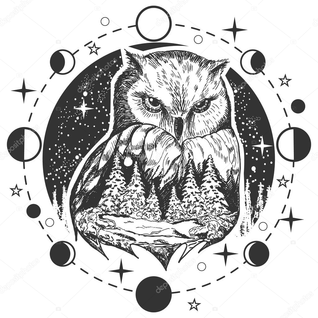 Vector owl tattoo or t-shirt print design