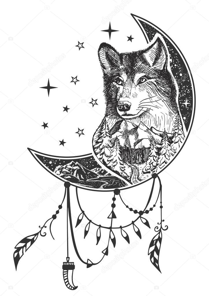 Vector boho wolf tattoo or t-shirt print design