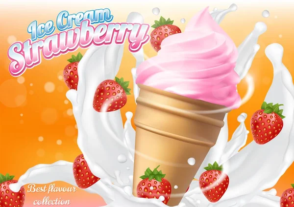 Ice cream strawberry cone dessert vector realistic illustration — Stock Vector