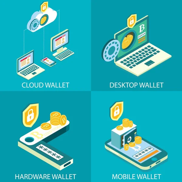 Cryptocurrency portemonnee vector isometrische pictogramserie — Stockvector