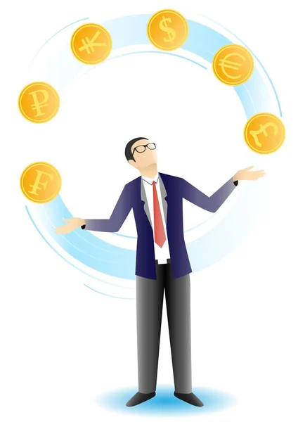 Hombre de negocios malabarismo monedas vector ilustración — Vector de stock