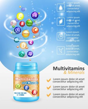 Multivitamin kompleksi reklam vektör tasarım şablonu