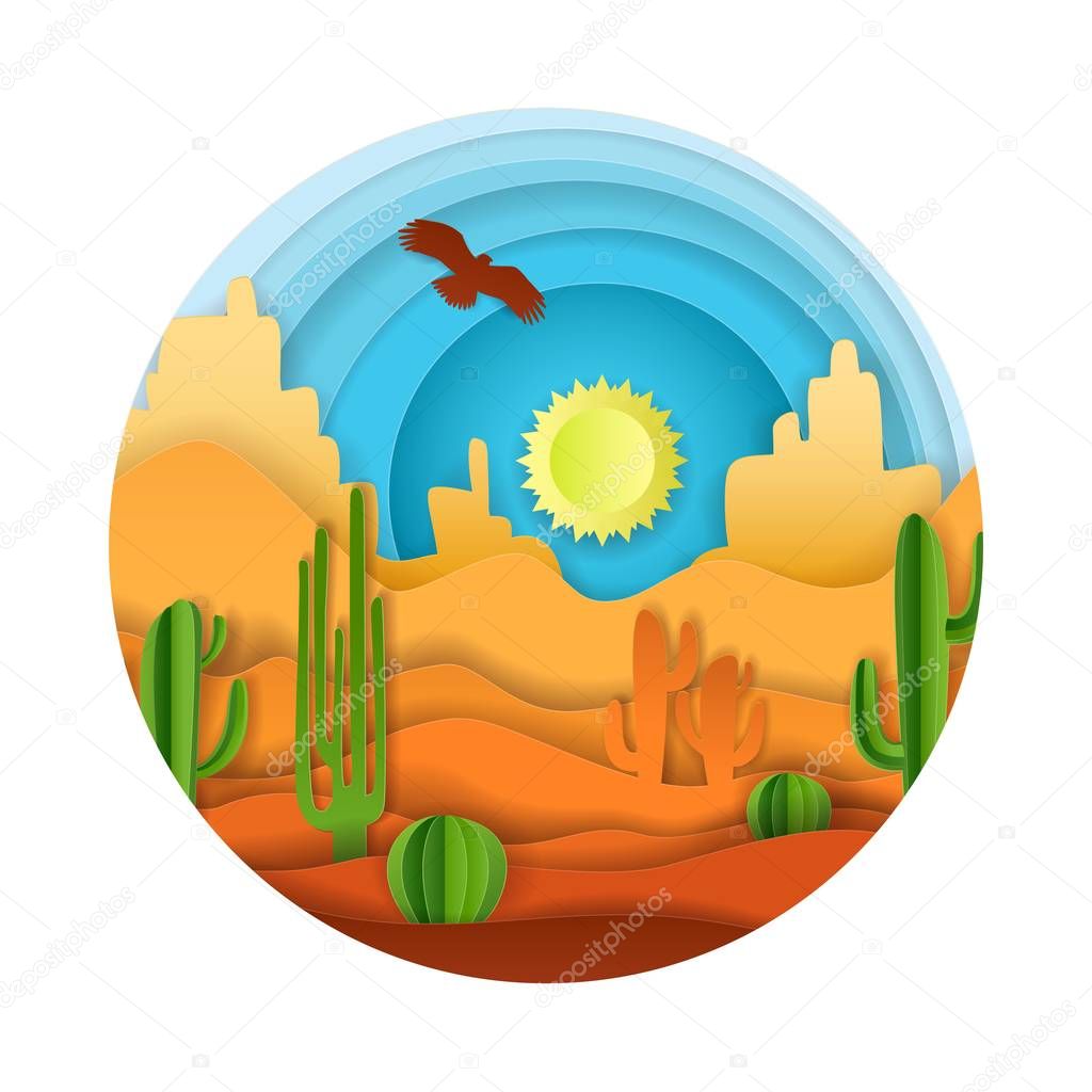 Desert landscape vector paper art illustration