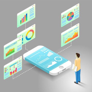 Mobil veri analytics vektör izometrik akış çizelgesi