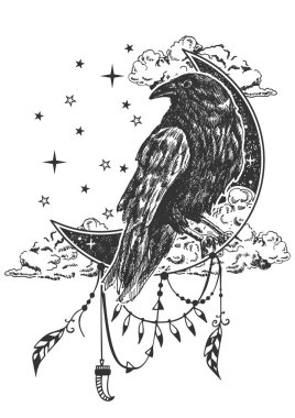 Vector boho raven tattoo or t-shirt print design clipart