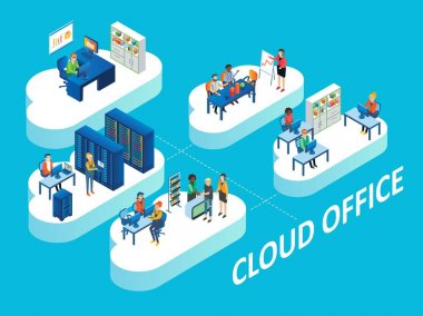 Bulut office kavramı vektör izometrik çizim