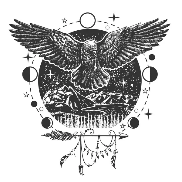 Tatouage corbeau noir vectoriel ou motif t-shirt — Image vectorielle
