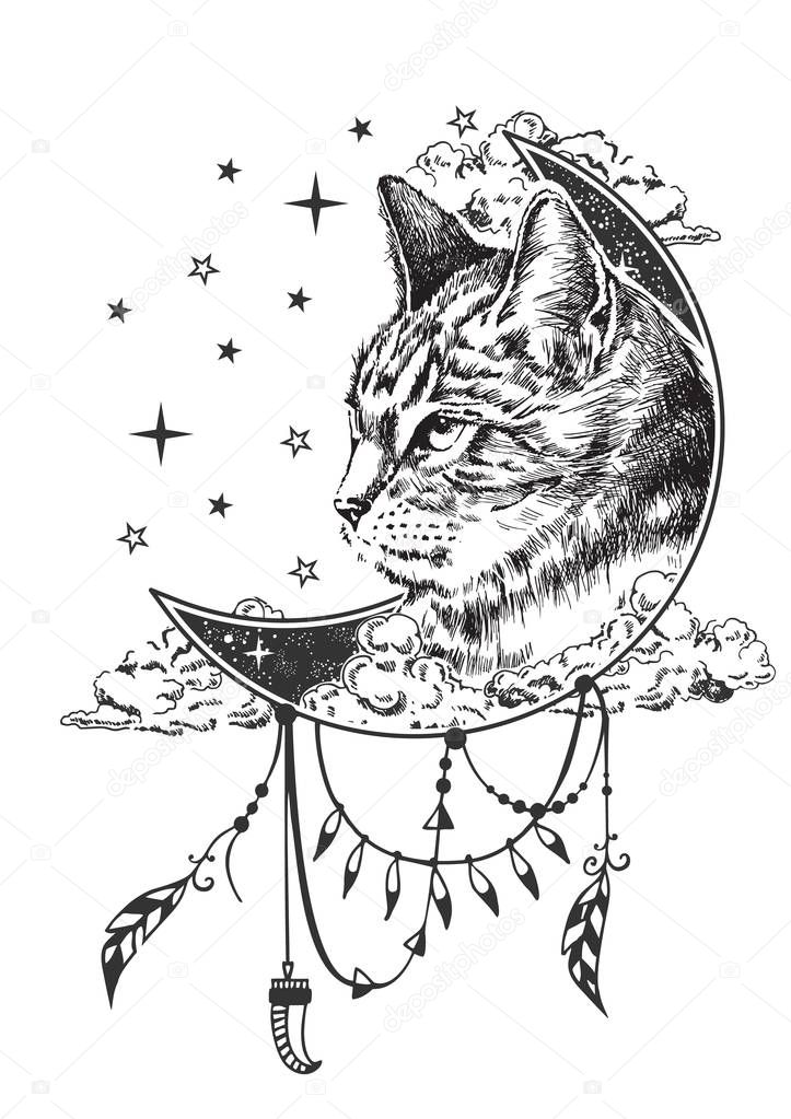 Vector boho cat tattoo or t-shirt print design