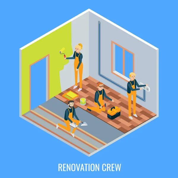 Renovering besättningen vektor platt isometrisk illustration — Stock vektor