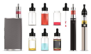 Vape ve e-sıvı şişe simgesi seti, vektör izole çizimi