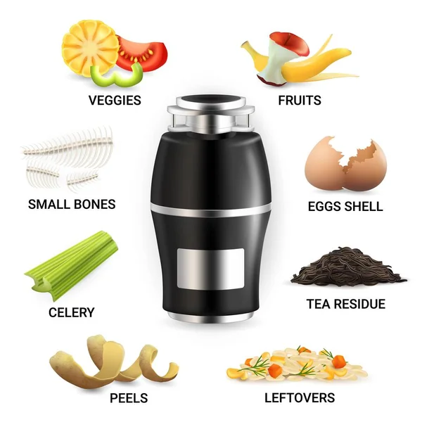 Food waste disposer and kitchen scraps, vector isolated illustration — Stock Vector