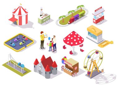 Lunapark vektörü düz izometrik simge seti