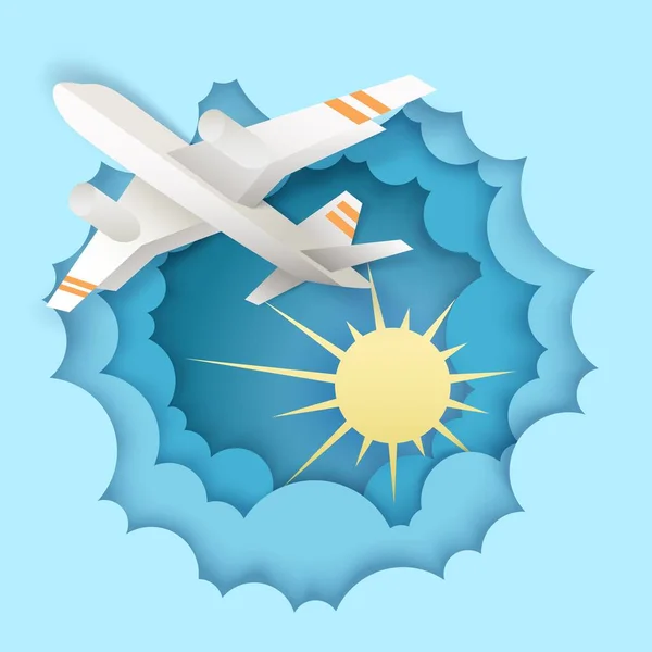 Avião voando no céu, ilustração vetorial em estilo de arte de papel — Vetor de Stock