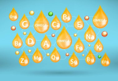 Multivitamin, mineral ve omega takviyeleri, vektör illüstrasyonu