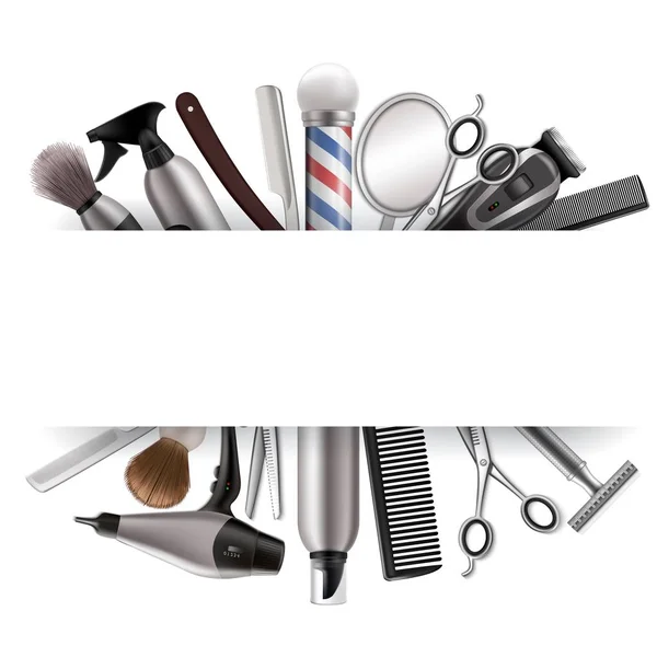 Marco de barbería con herramientas de peluquería, ilustración realista vector — Vector de stock
