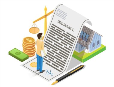 Ev sigortası konsepti vektör düz izometrik illüstrasyon