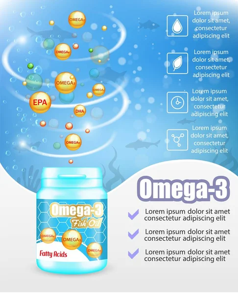 Omega 3 suplementos de aceite de pescado publicidad vector cartel plantilla — Archivo Imágenes Vectoriales