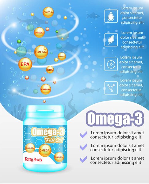 Omega 3 fish oil supplements advertising vector poster template