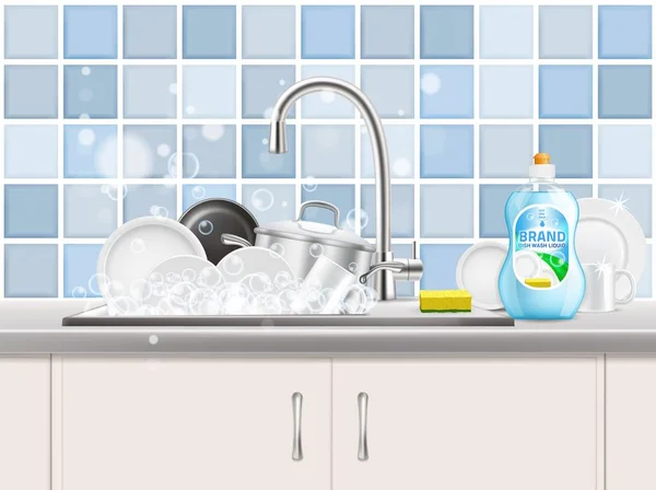 Affiche publicitaire liquide vaisselle, illustration vectorielle réaliste — Image vectorielle