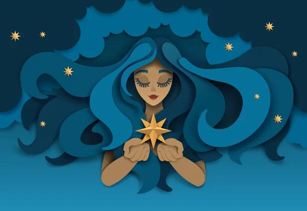 Chica soñadora con estrella, ilustración de corte de papel vectorial — Archivo Imágenes Vectoriales