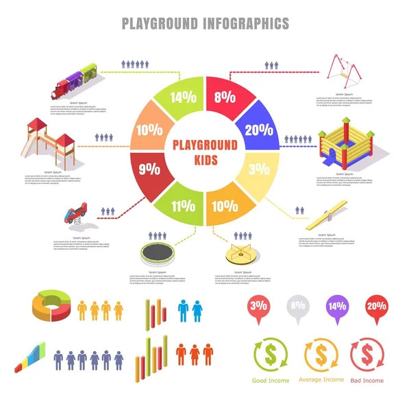 Équipement de terrain de jeu pour enfants vecteur plat isométrique infographies — Image vectorielle