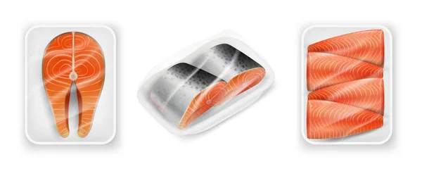Paquete de filete de pescado rojo salmón, ilustración realista vector — Vector de stock