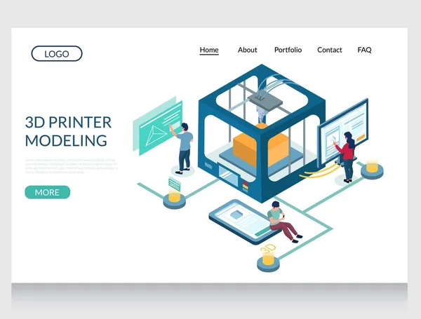 3d impressora modelagem vetor website landing page design template —  Vetores de Stock