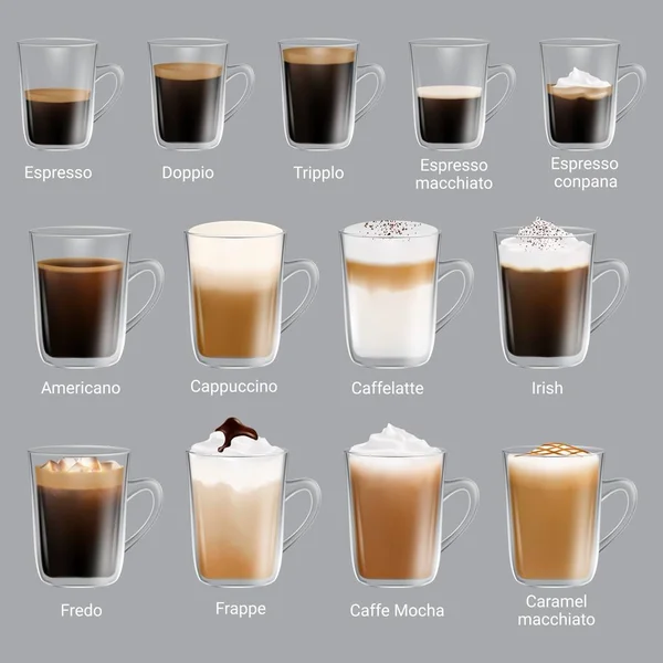 Coffee types set, vector realistic isolated illustration — Stock Vector