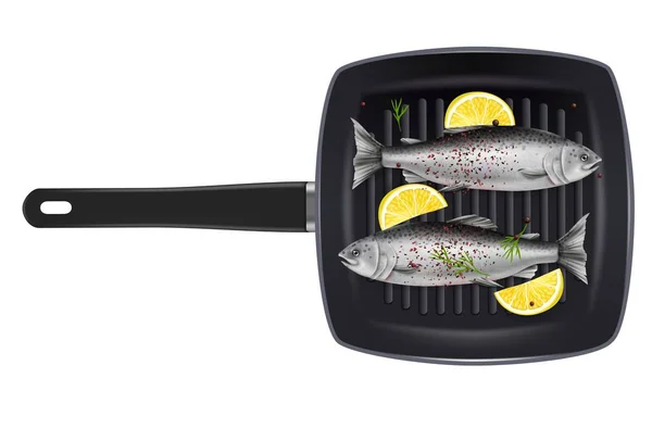 Grillpan met zalmvis, vector geïsoleerde realistische illustratie — Stockvector