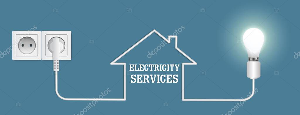 Electricity repair and maintenance services, vector poster banner design template. House with lightbulb, plug and socket outlet. Electricity connection.