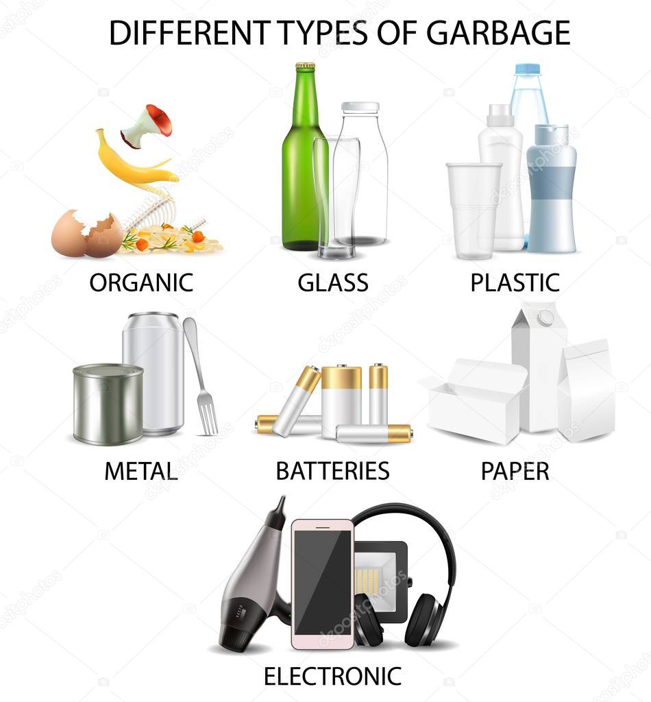 Types of garbage, vector realistic isolated illustration