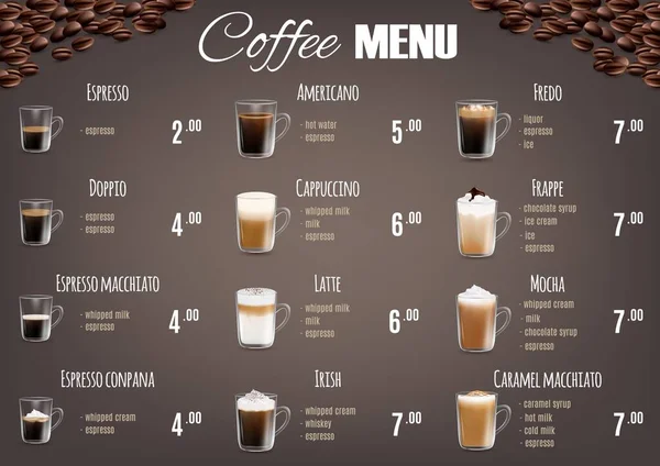 Coffee drinks menu price list vector template — Stock Vector