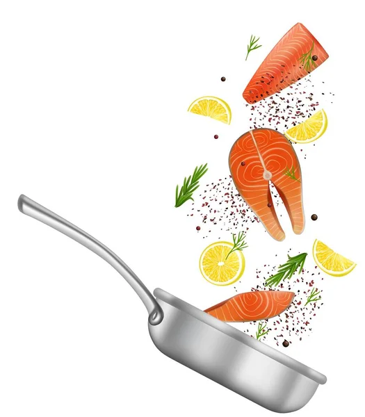 Filetes y sartén de pescado rojo salmón, ilustración realista vectorial — Vector de stock