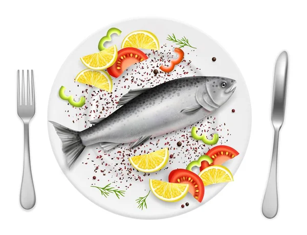 Salmon fish on plate, vector realistic illustration — Stock Vector