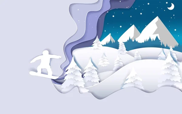 Snowboarding, modelo de banner de cartaz de estilo de arte de papel vetorial —  Vetores de Stock