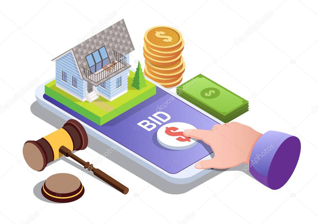 House auction online, vector illustration. Isometric smartphone with house on screen, finger tapping bid button. Home auction and bidding from mobile phone concept for web banner, website page etc