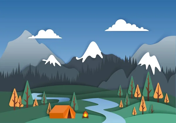 Montanha acampamento, ilustração vetorial em estilo de arte de papel — Vetor de Stock