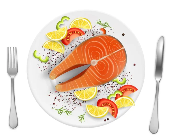 Salmon fish steak on plate, vector realistic illustration — 스톡 벡터