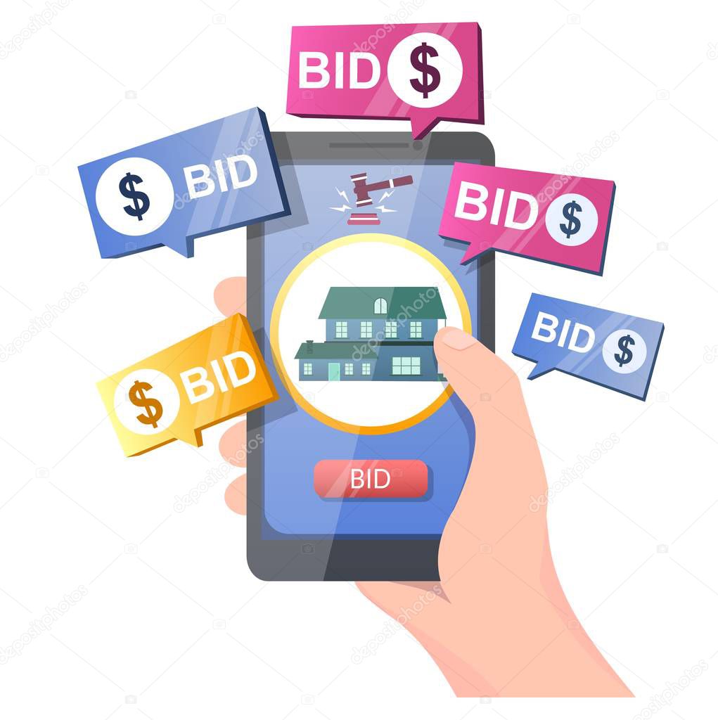 Real estate auction online, vector illustration. Hand holding smartphone with house, gavel and bid button on screen. Auction and mobile bidding concept for web banner, website page etc.