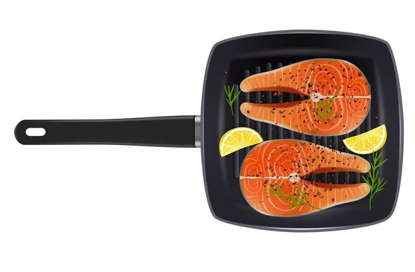 Sartén de parrilla con filetes de pescado de salmón, ilustración realista aislada vector — Vector de stock