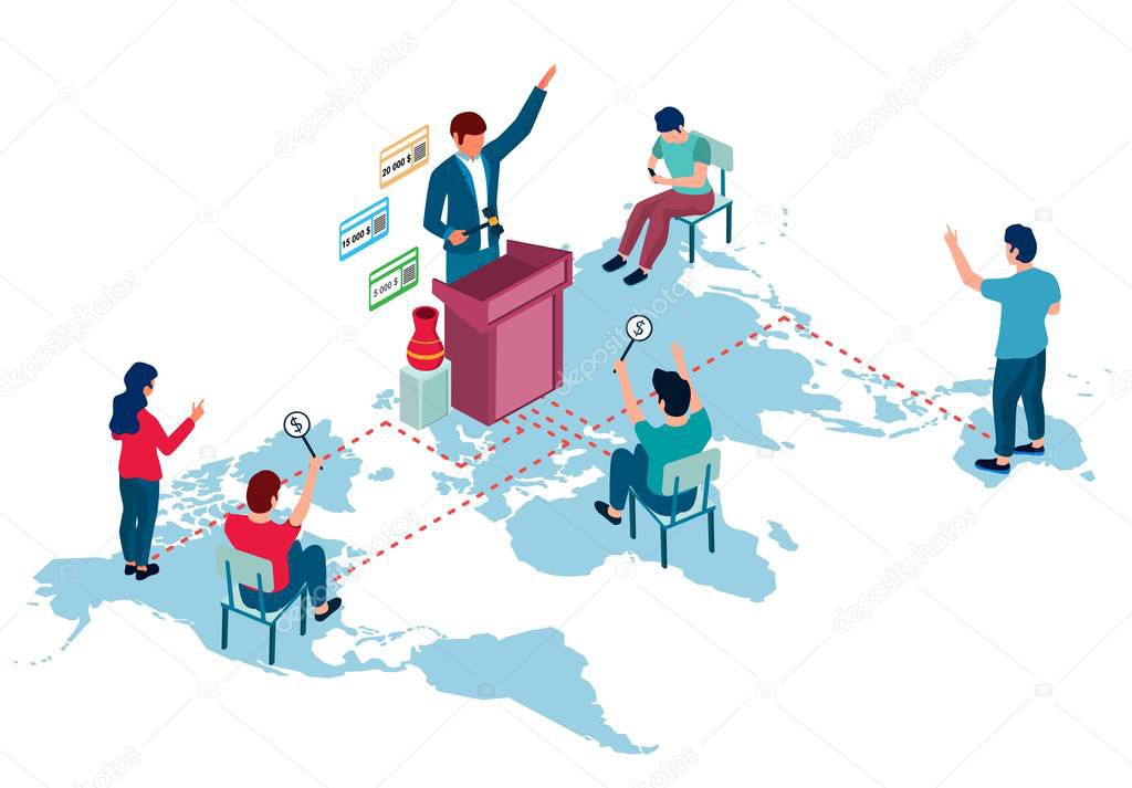 Antique vase auction sale flowchart, vector illustration. World map, auctioneer calling out prices with gavel in hand, bidders offering prices, isometric composition for web banner, website page etc.