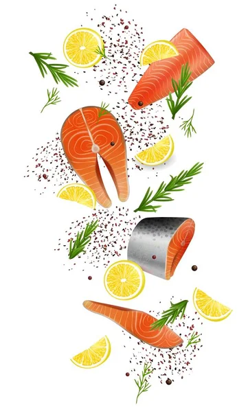 Filetes de pescado rojo salmón, vector 3d ilustración realista — Vector de stock
