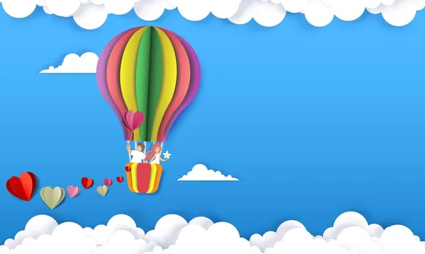 Gelukkig paar in hete lucht ballon, vector papier gesneden illustratie — Stockvector