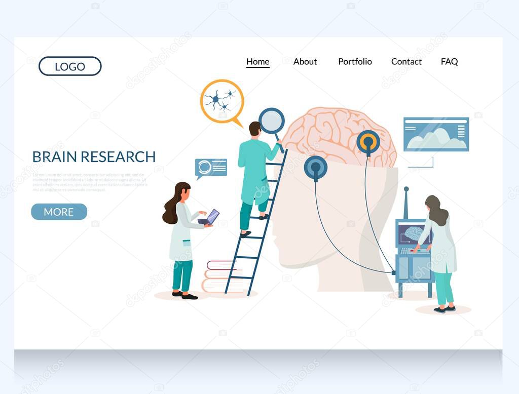 Brain research vector website template, web page and landing page design for website and mobile site development. Medical brain desease research, head tomography, neurological exam diagnostics.