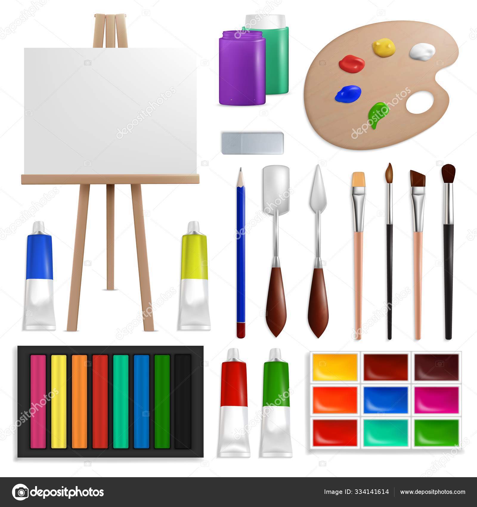 Art painting tools and accessories, vector isolated illustration